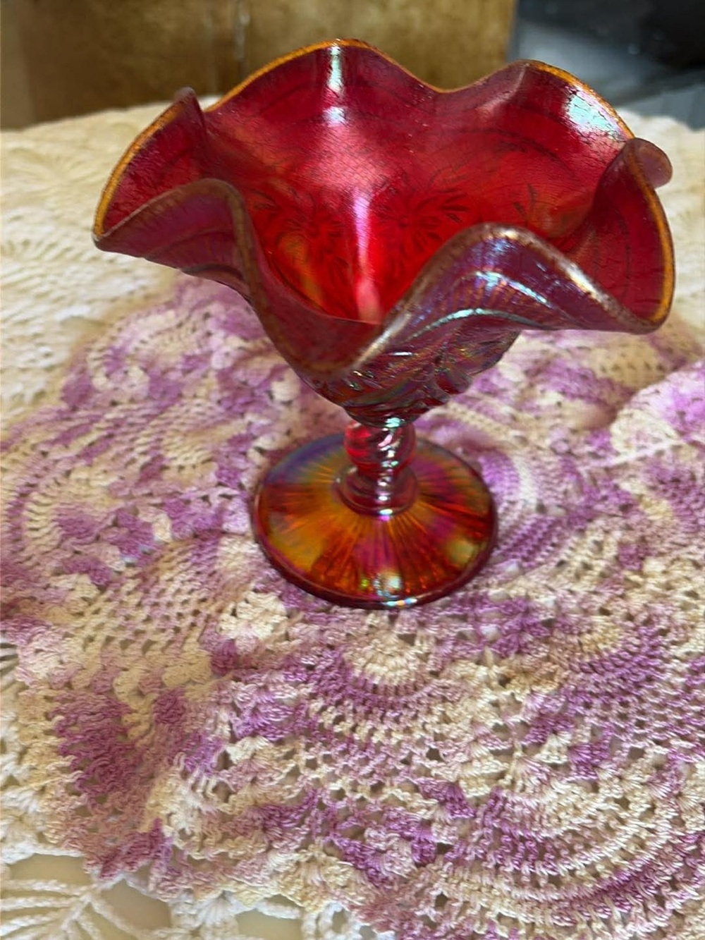 Vintage Fenton Carnival Glass Compote - Holly Pattern